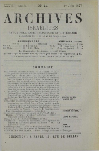Archives israélites de France. Vol.38 N°11 (01 juin 1877)